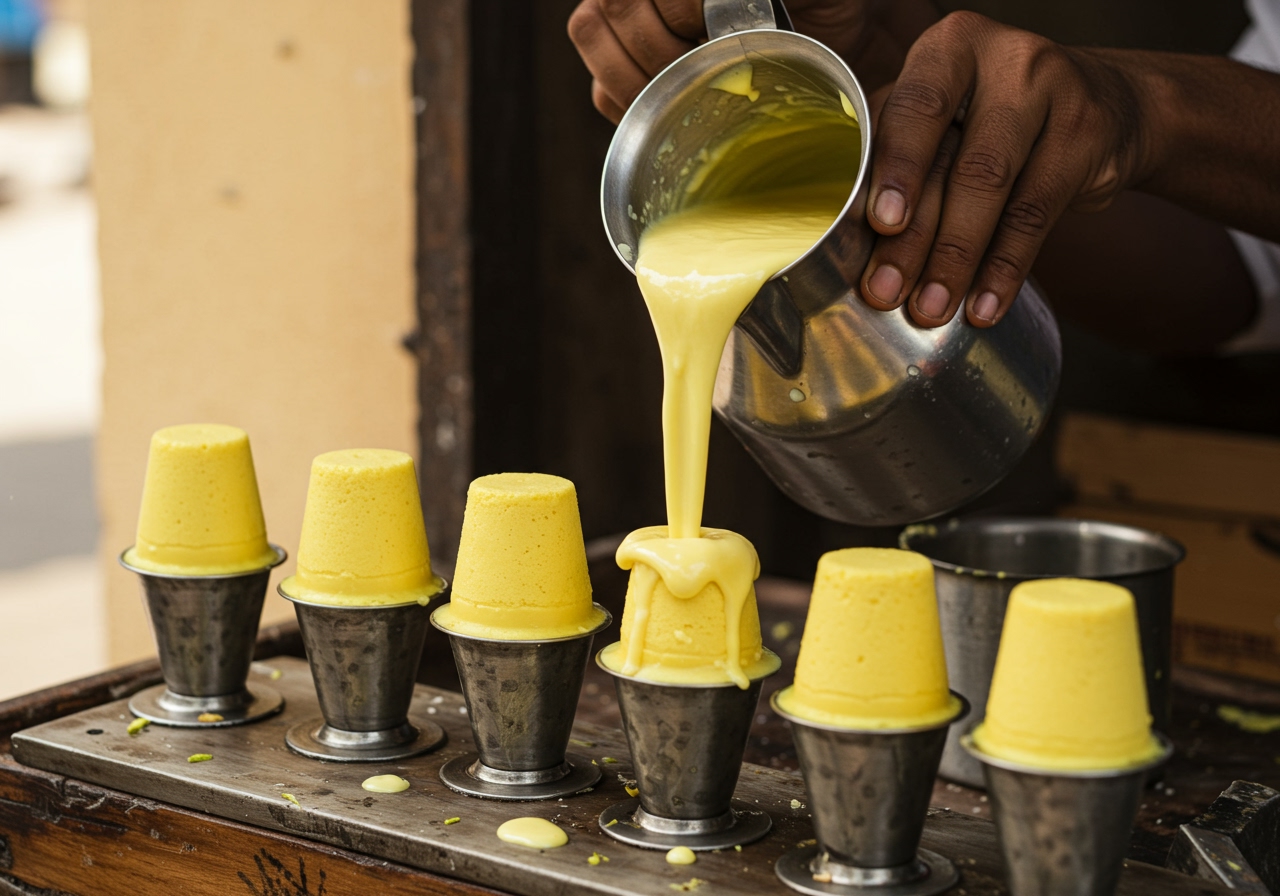 Kulfi mixture being carefully poured from a jug into several traditional cone-shaped Kulfi molds.