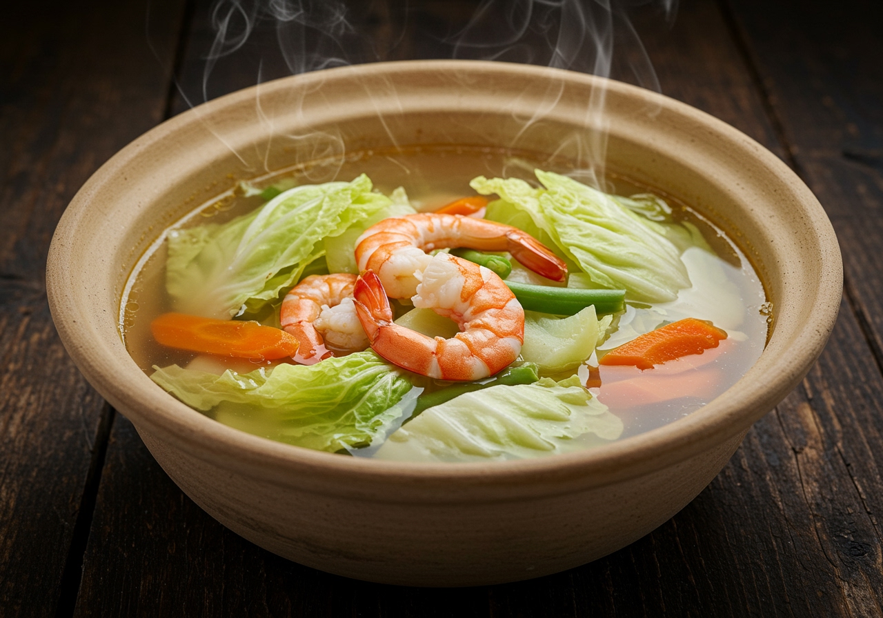Large bowl of clear vegetable soup with cabbage, shrimp, and other vegetables