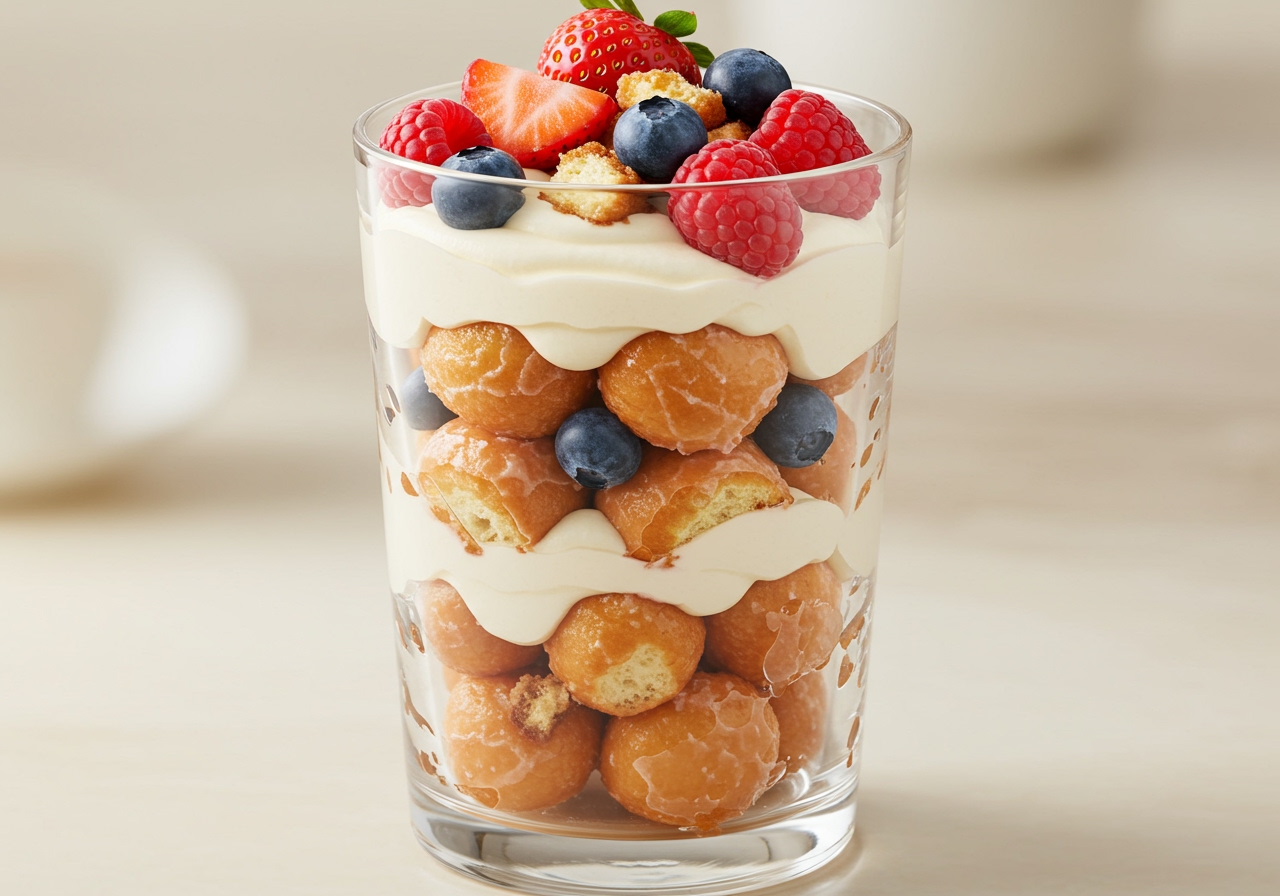 Layers of crumbled donut, cream, and berries in a tall glass, creating a donut trifle.