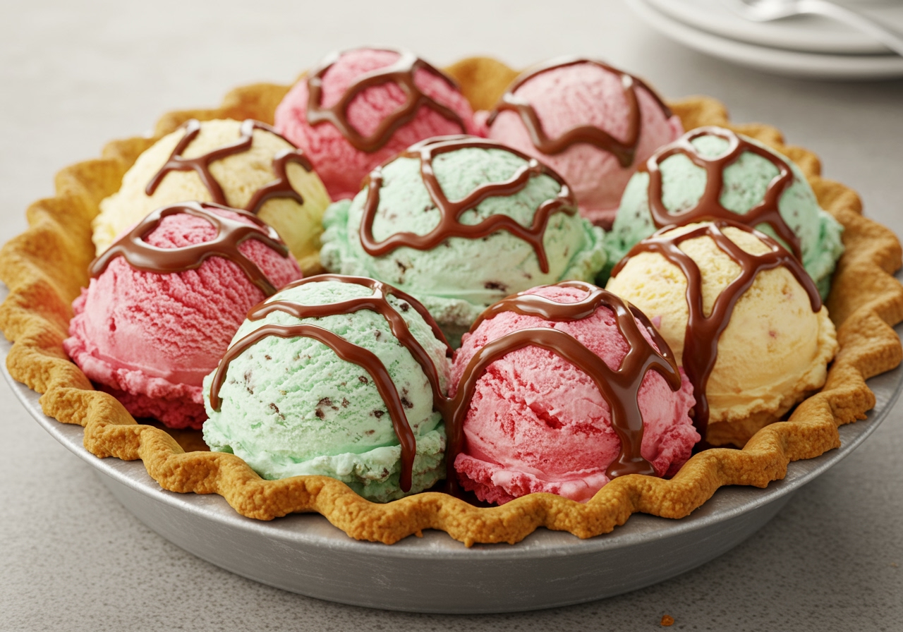 Layers of different colored ice cream and sauce in a pie crust in a pie dish