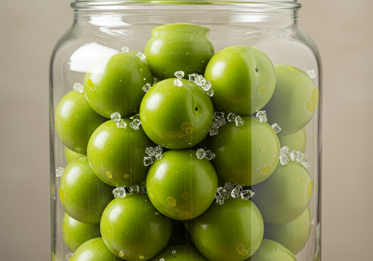 Layers of green plums and rock sugar visible inside a large glass jar