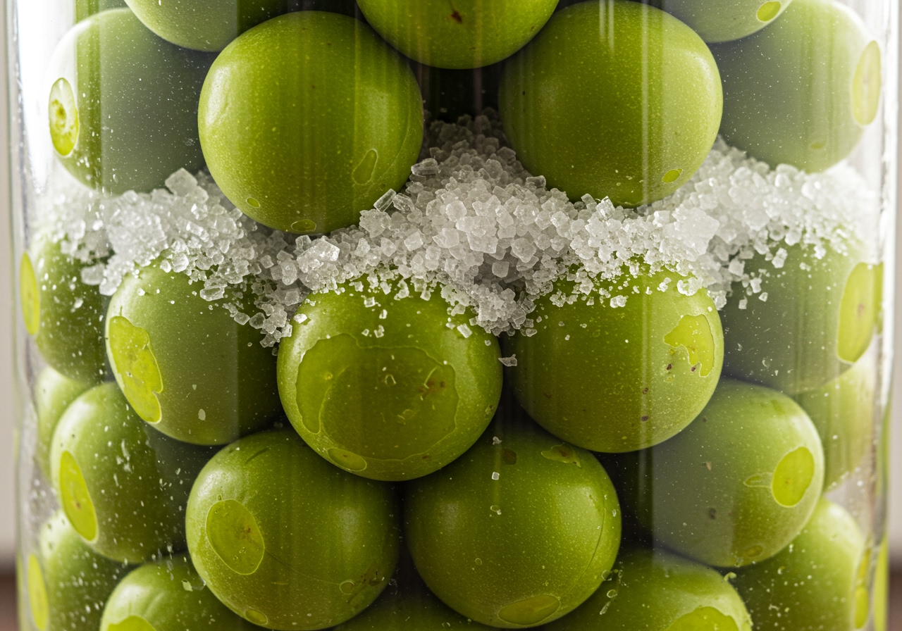 Layers of green ume plums and white rock sugar crystals visible inside a large glass preserving jar.