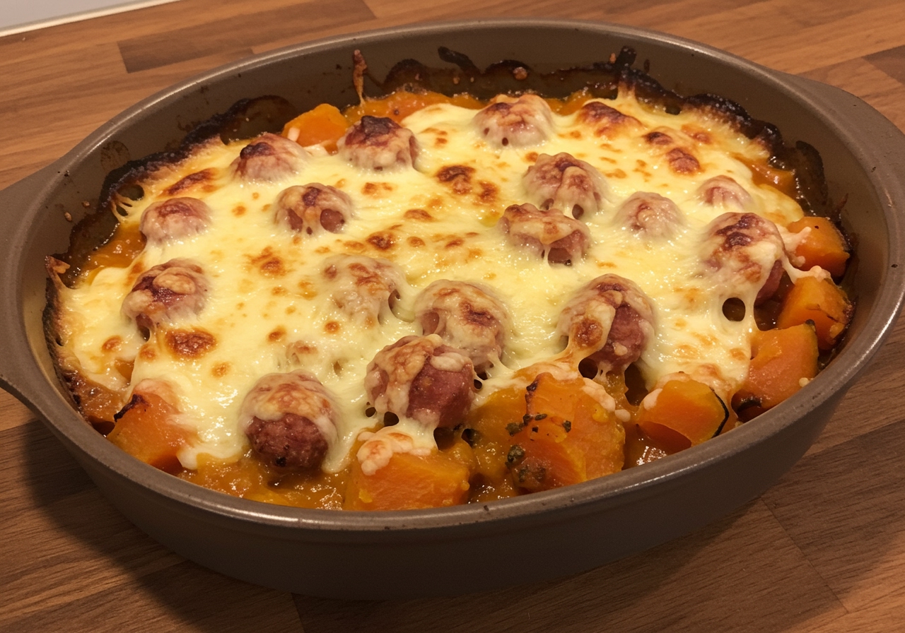 Leftover pumpkin and sausage stew transformed into a gratin, bubbling in an oven-safe dish with a golden-brown cheese topping.