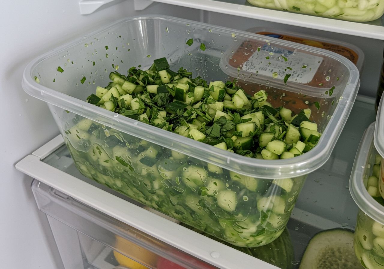 Leftover smashed cucumber salad in a sealed container in the refrigerator