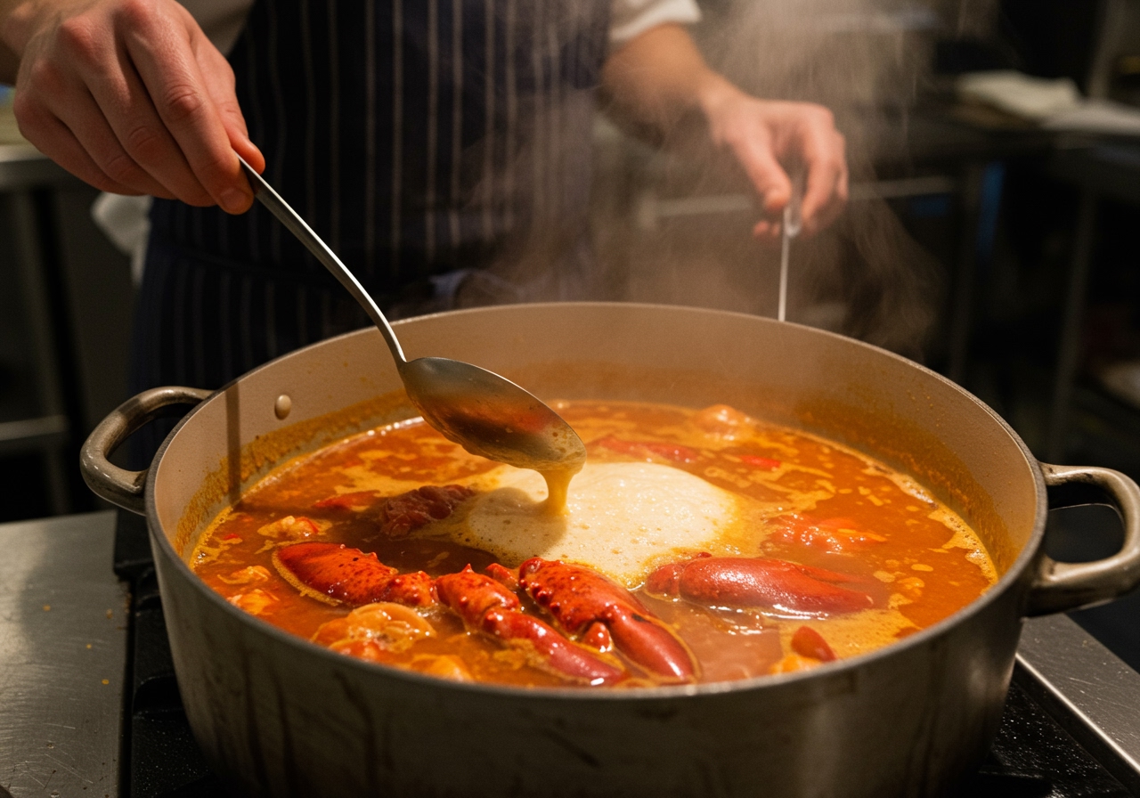 Lobster shell soup simmering gently in a large pot, with foam being skimmed from the surface