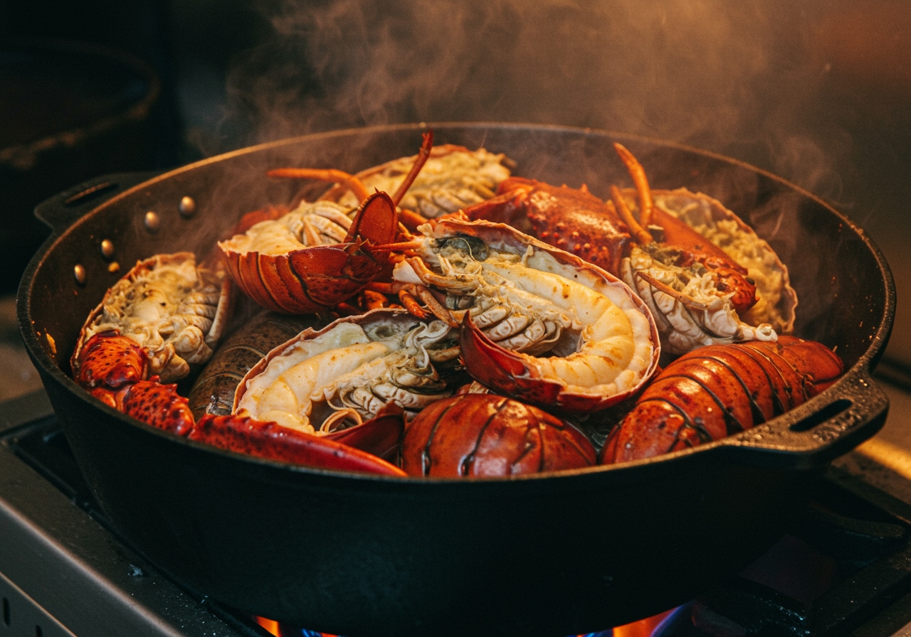 Lobster shells being roasted in a large pot or on a baking sheet, turning bright red and slightly browned