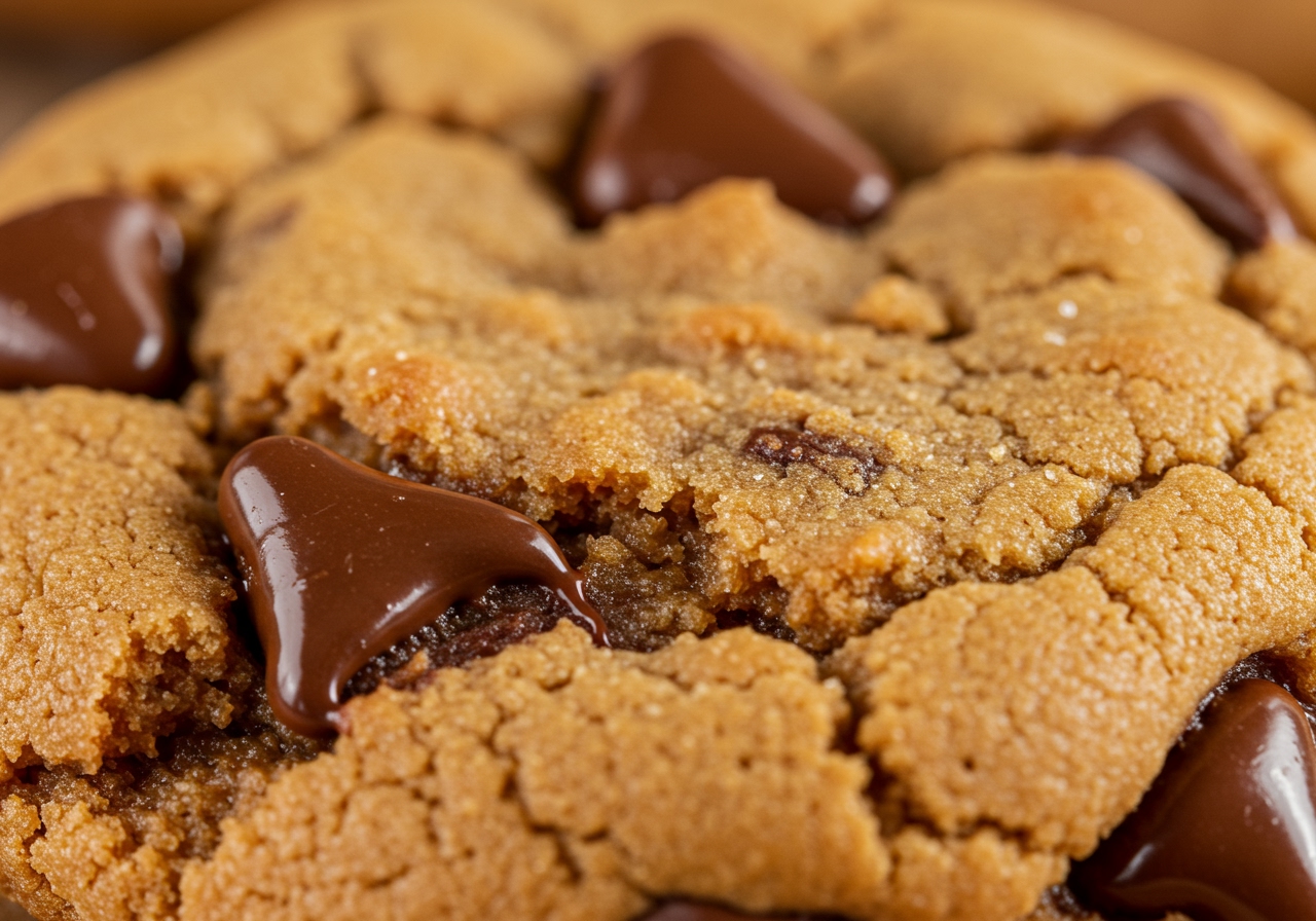 Macro shot showing the texture of a perfectly baked peanut butter chocolate chip cookie, emphasizing the chocolate chips.
