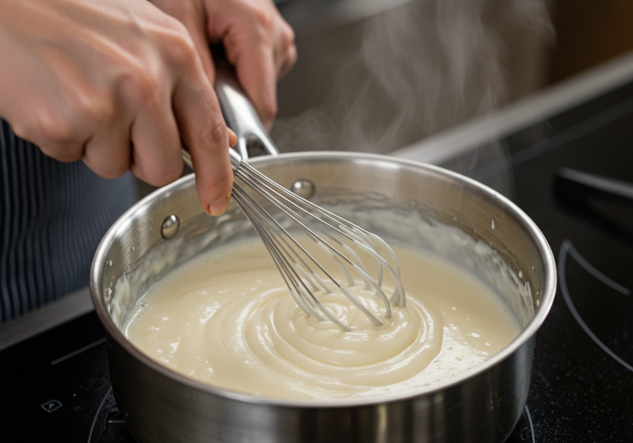 Making smooth white sauce in a saucepan with a whisk