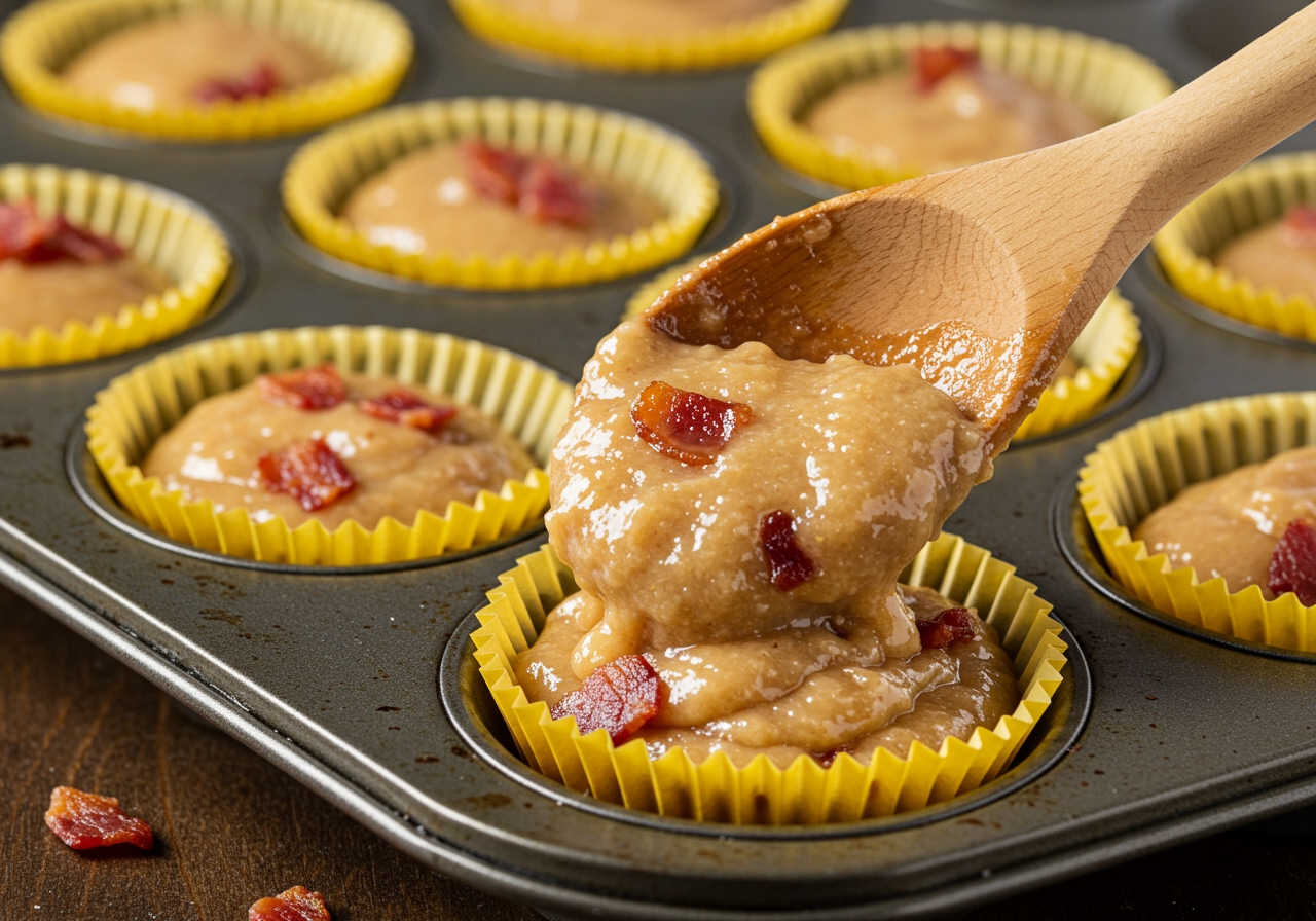 Maple bacon buttermilk cupcake batter being spooned into cupcake liners in a muffin tin.