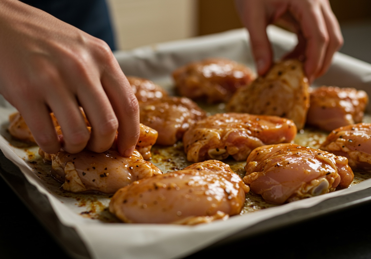Marinated chicken pieces being placed onto a baking tray lined with parchment paper, ready for the oven.