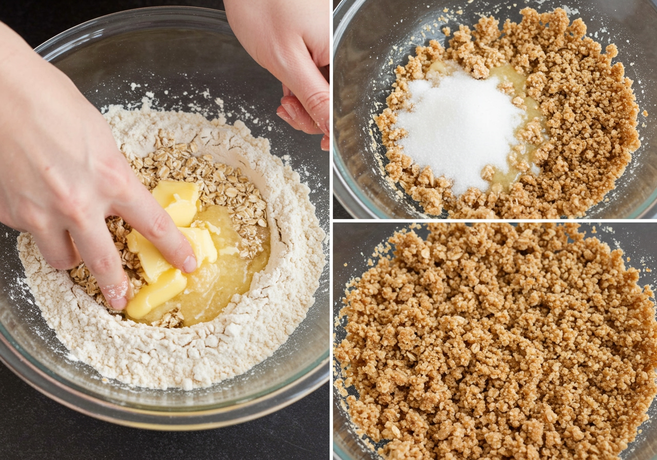 Mixing flour, oats, sugar, and melted vegan butter to create a crumb topping