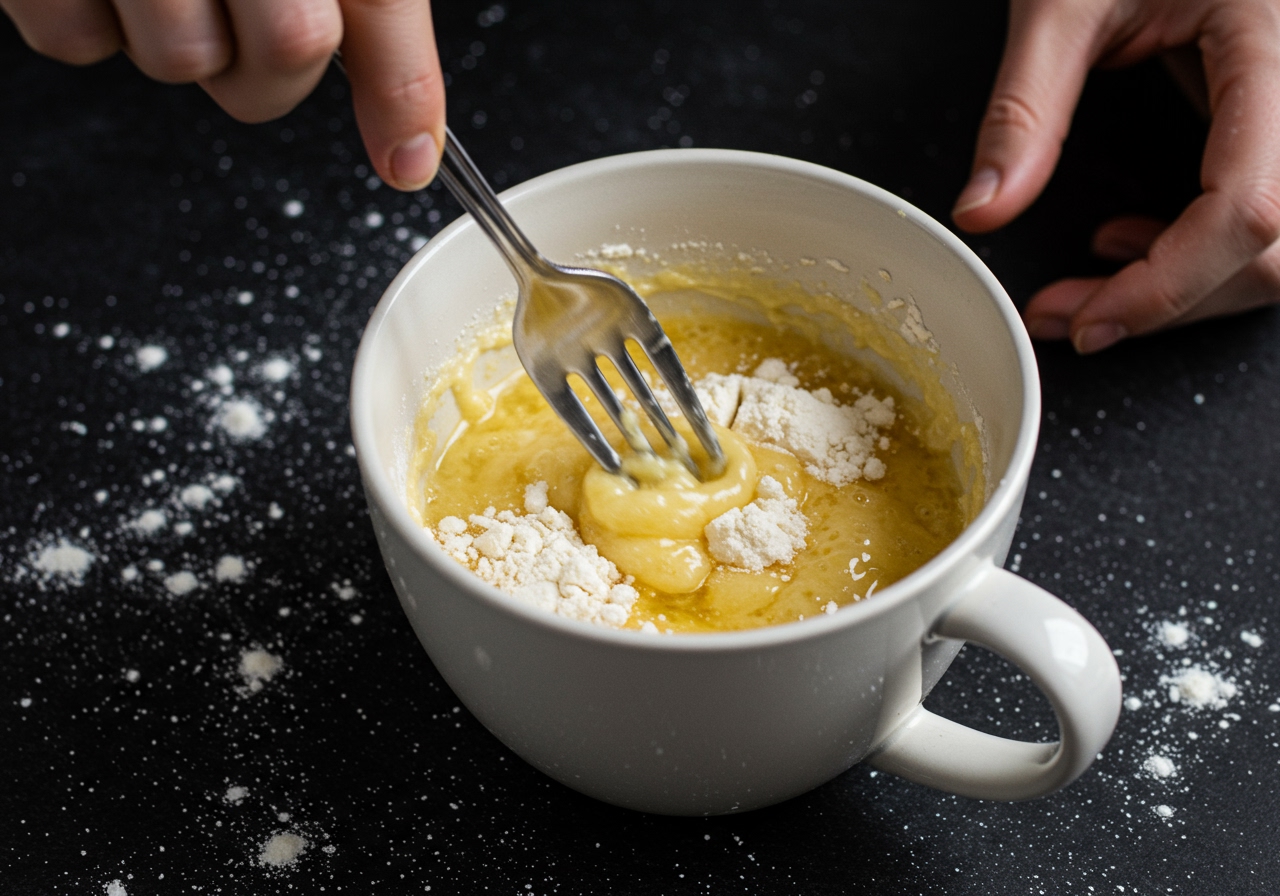 Mixing wet and dry ingredients together in a mug with a fork.