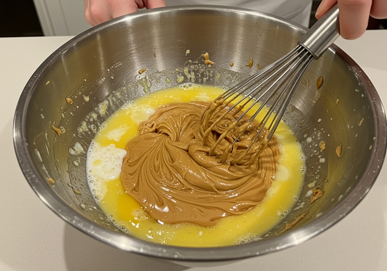 Mixing wet ingredients with peanut butter in a bowl.
