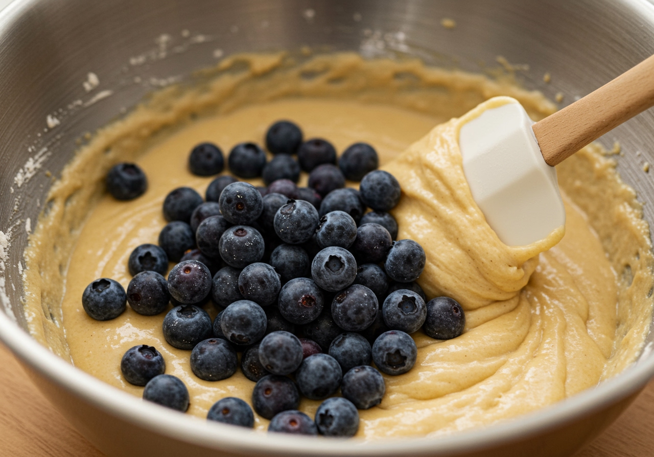 Muffin batter being gently folded with blueberries, showing the light dusting of flour on the berries.