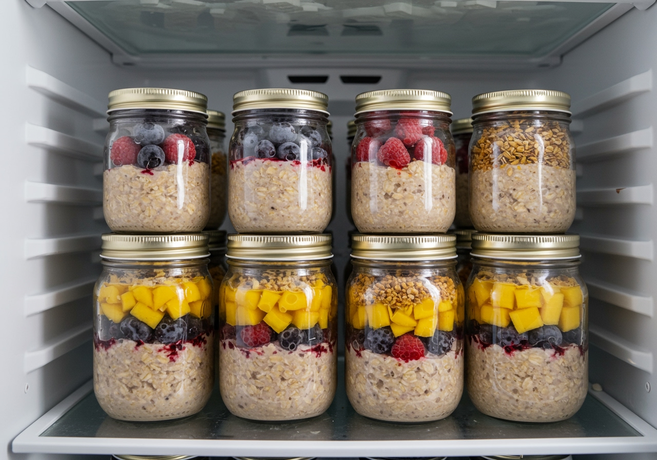 Multiple glass jars of prepared overnight oats neatly arranged in a refrigerator, representing meal prep.