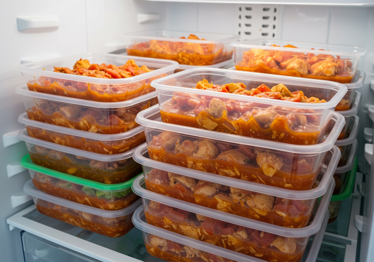 Multiple meal prep containers filled with individual portions of chicken and tomato stew, neatly stacked in a refrigerator.