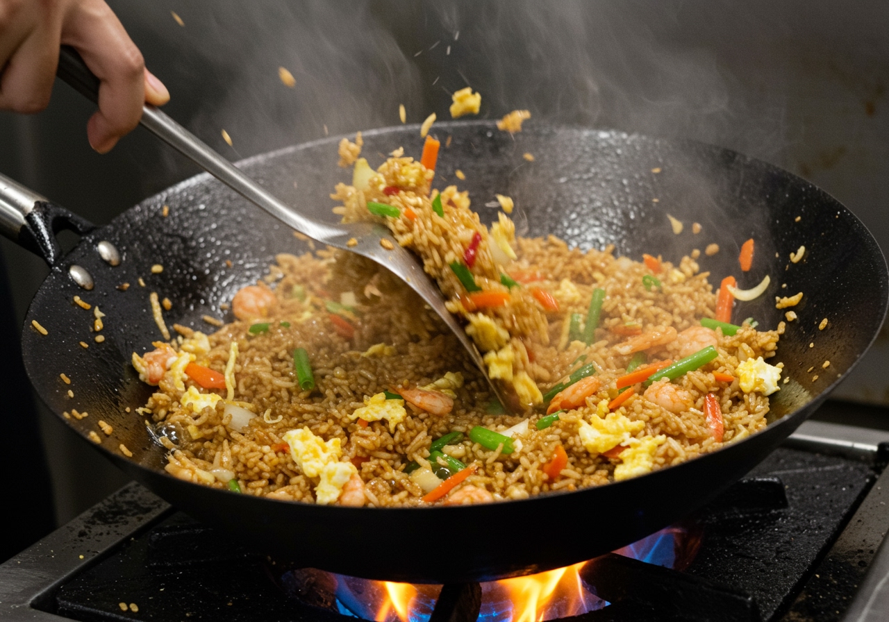 Nasi Goreng being stir-fried in a hot wok, showing the rice and ingredients mixing.