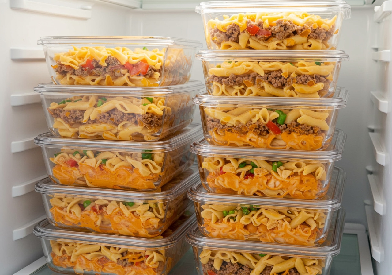 Neatly portioned one-pot cheeseburger pasta in several transparent glass meal prep containers, stacked in a refrigerator, ready for easy weeknight meals.