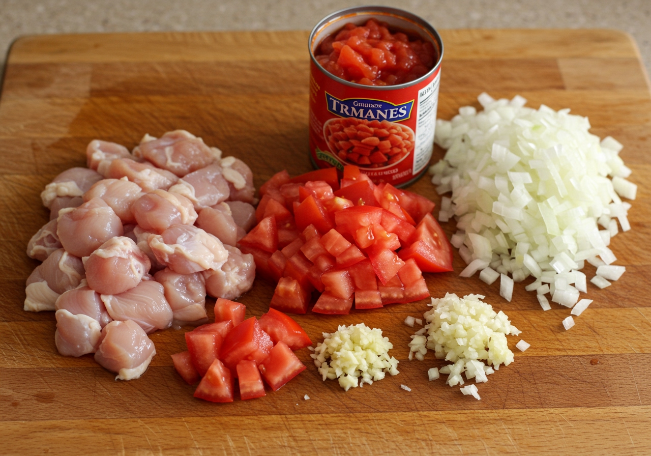 Neatly prepped ingredients for the stew: diced chicken thigh, quartered tomatoes, chopped onion, minced garlic, and a can of diced tomatoes, arranged attractively on a wooden cutting board.