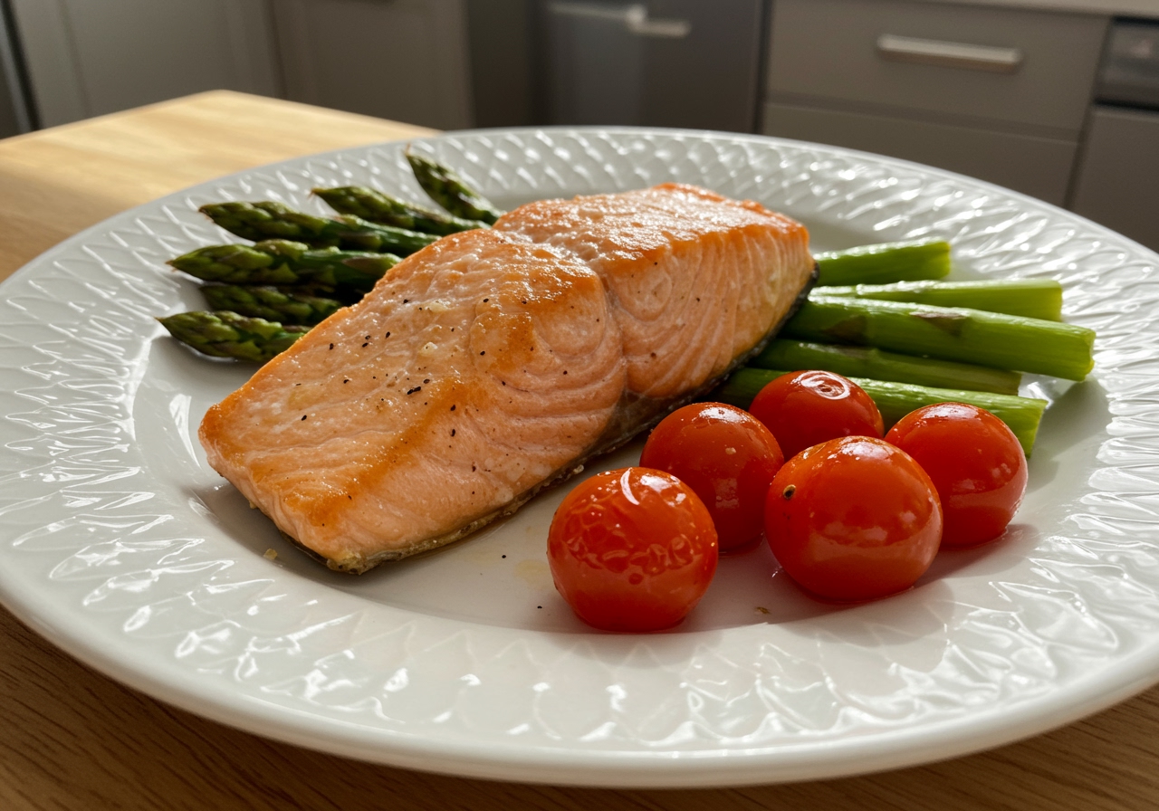 Oven-baked salmon with asparagus and cherry tomatoes on a plate