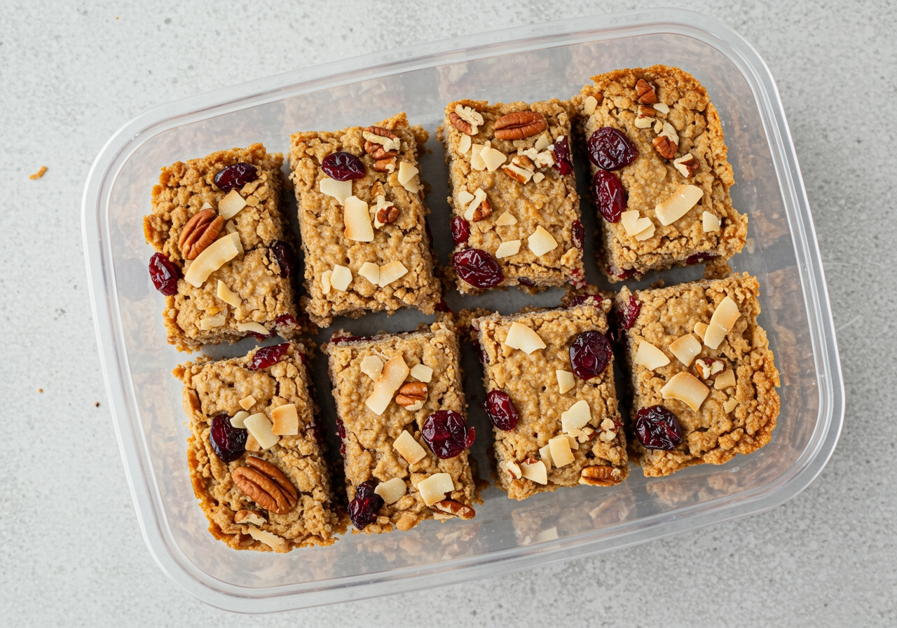 Overhead shot of a batch of healthy coconut cranberry pecan bars in a container, ready for storage or packing.
