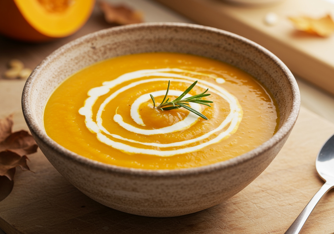 Overhead shot of a beautifully presented bowl of pumpkin and apple soup, garnished with a swirl of cream and a sprig of rosemary.