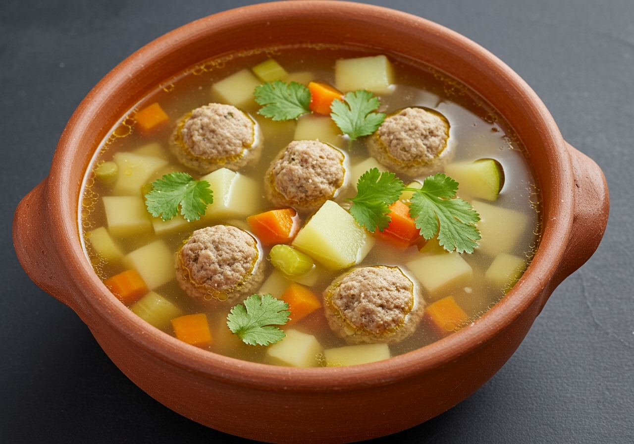 Overhead shot of a bowl of healthy Albondigas soup with fresh cilantro garnish