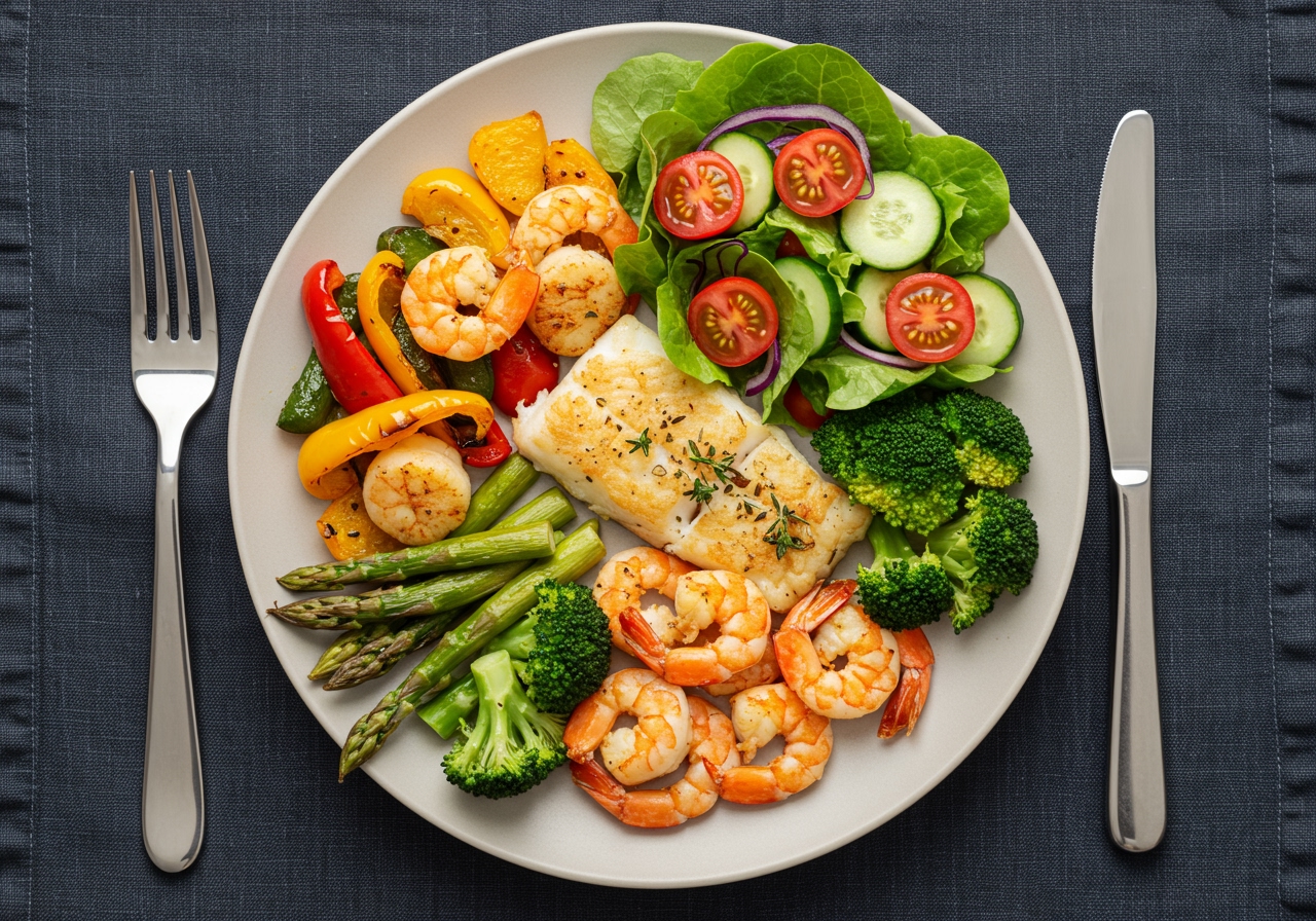 Overhead shot of a complete air fryer seafood dinner plate with mixed seafood, vegetables, and a side salad.