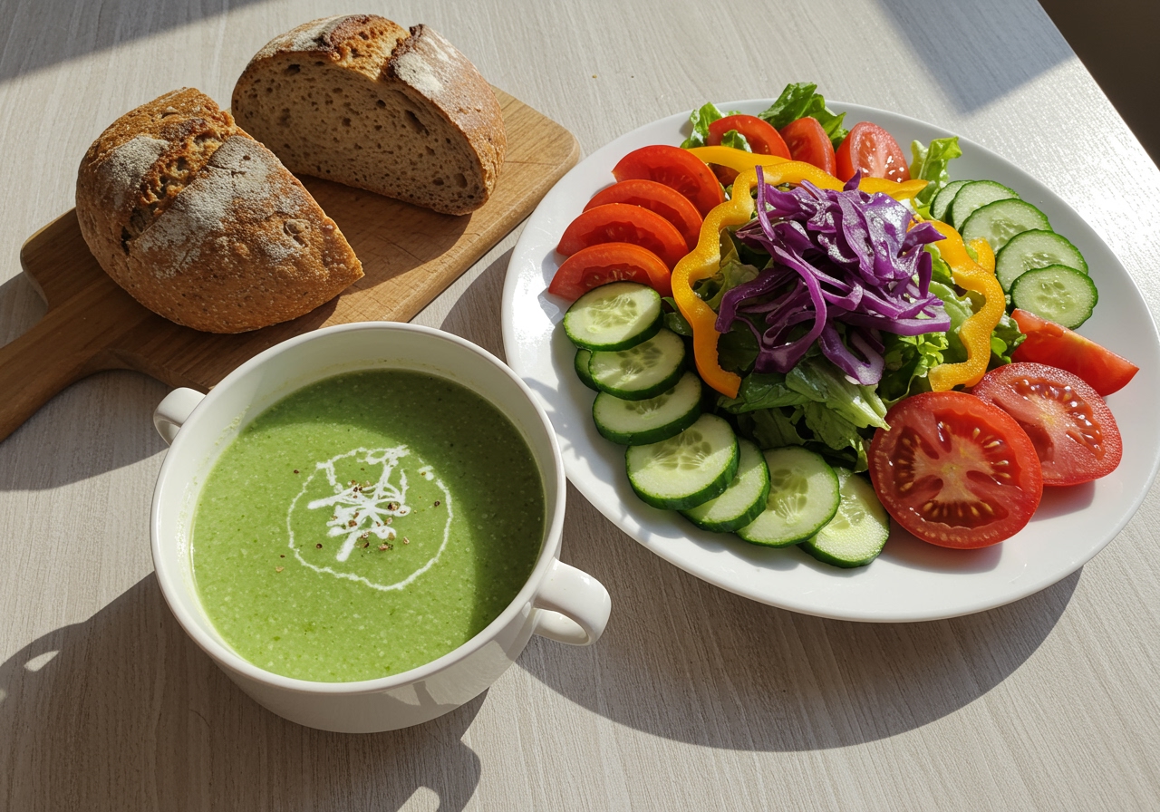 Overhead shot of a complete cold soup and salad meal setup, showing a bowl of soup, a large salad plate, and perhaps a side of whole-grain bread.