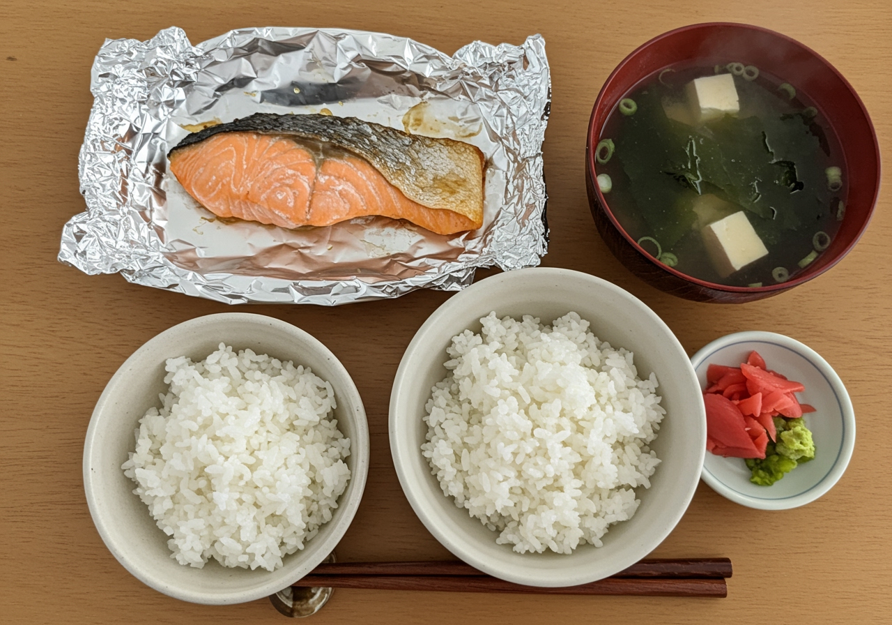 Overhead shot of a complete meal including the salmon foil-grill, a small bowl of rice, miso soup, and a small side dish, illustrating a balanced meal.