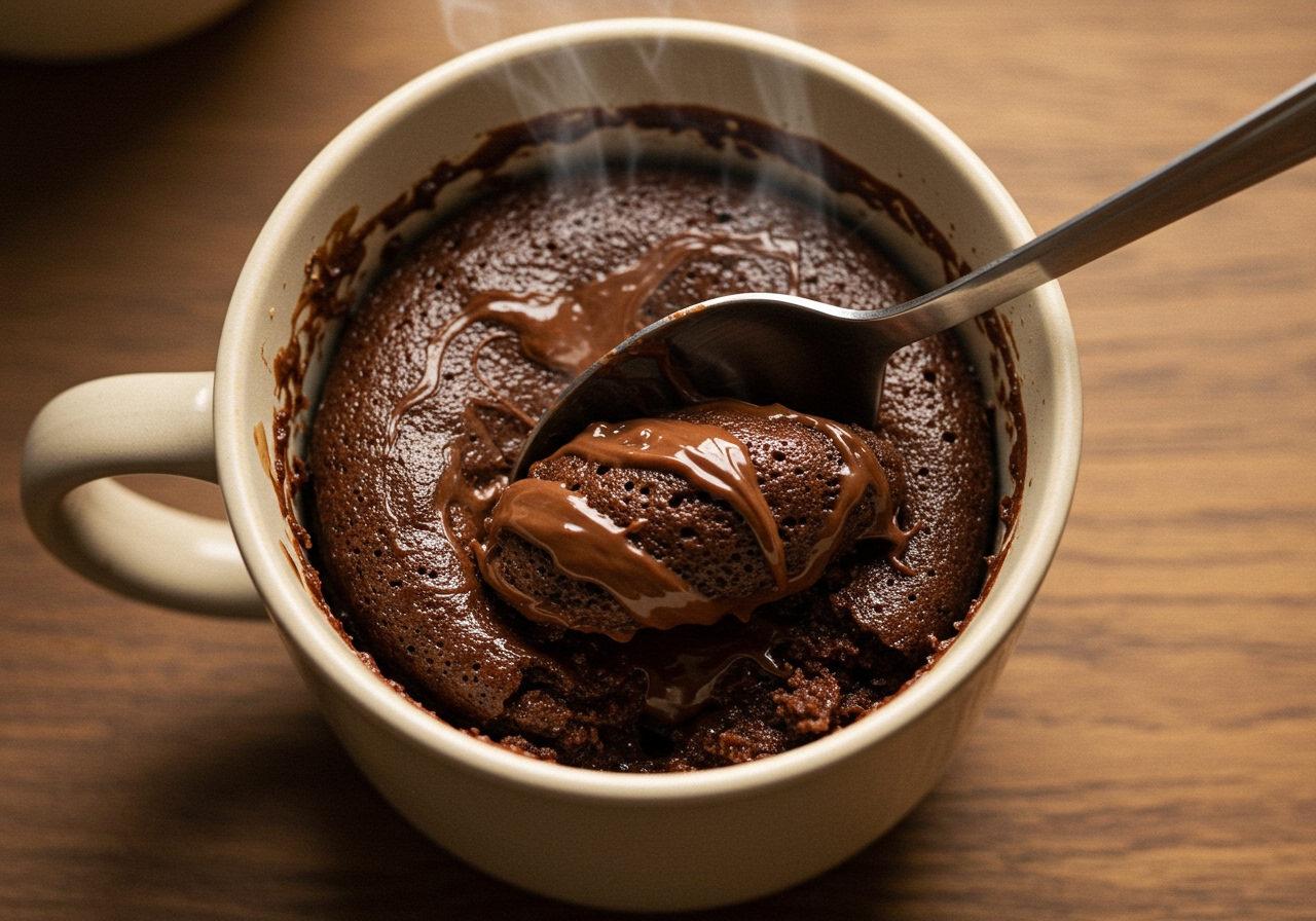 Overhead shot of a delicious-looking Nutella mug cake with a spoon digging into it.