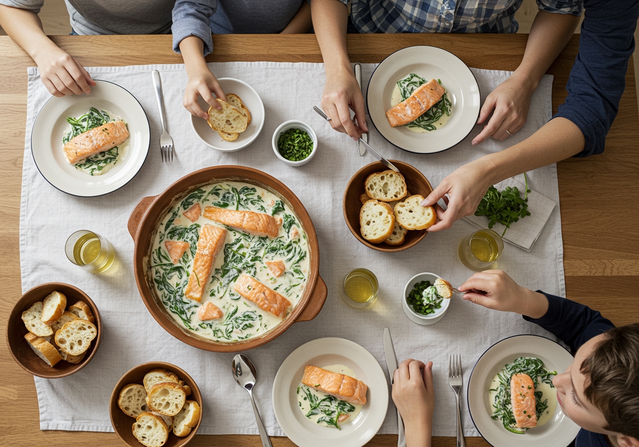 Overhead shot of a family or couple enjoying a meal featuring the salmon and spinach cream stew.