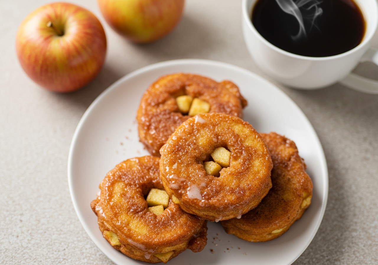 Overhead shot of a few baked apple fritters on a plate, with a cup of tea or coffee in the background, suggesting a cozy snack time