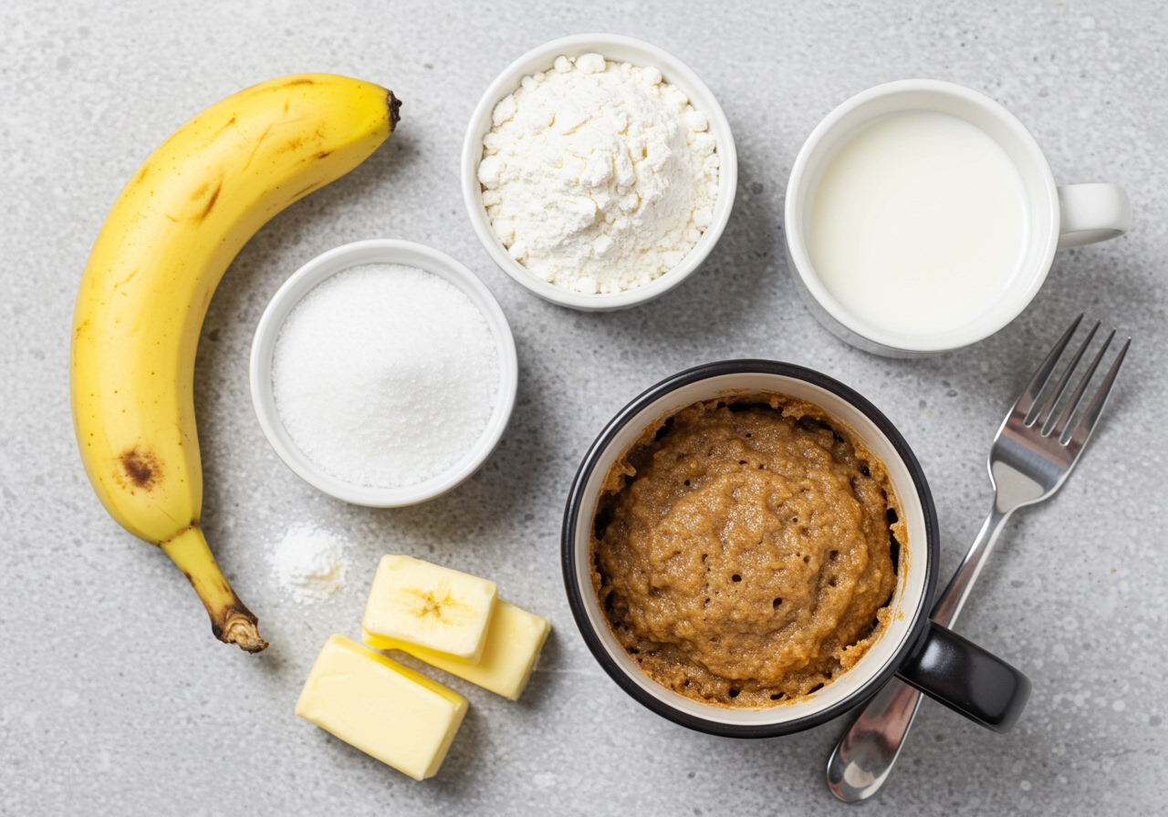Overhead shot of a few basic ingredients for banana bread mug cake laid out next to a mug and a fork: a ripe banana, flour, sugar, baking powder, milk, and butter.