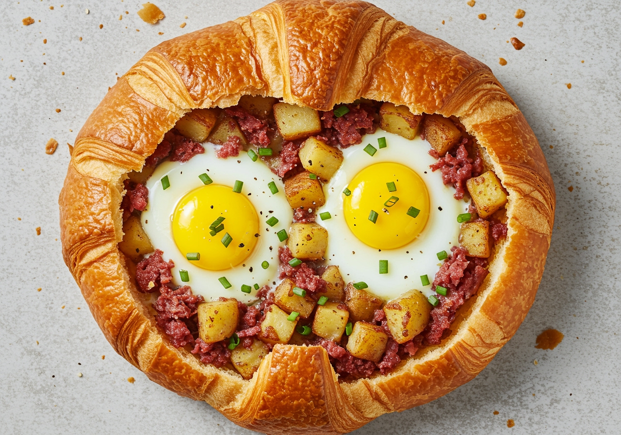 Overhead shot of a golden brown croissant ring filled with corned beef hash, with cracked eggs nestled in the center, fresh out of the oven, garnished with chives.