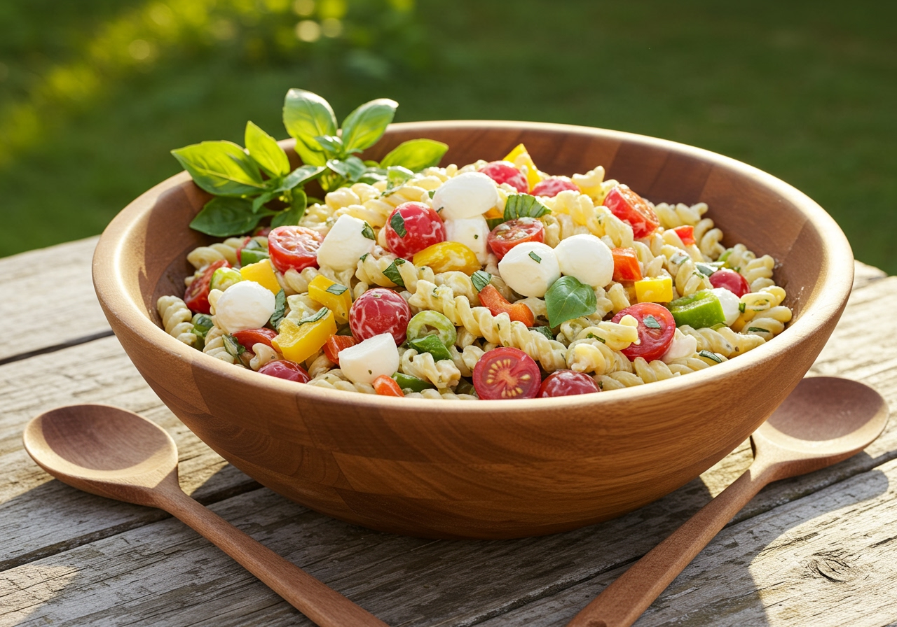 Overhead shot of a large bowl of easy mozzarella pasta salad on a wooden table, ready to be served outdoors.