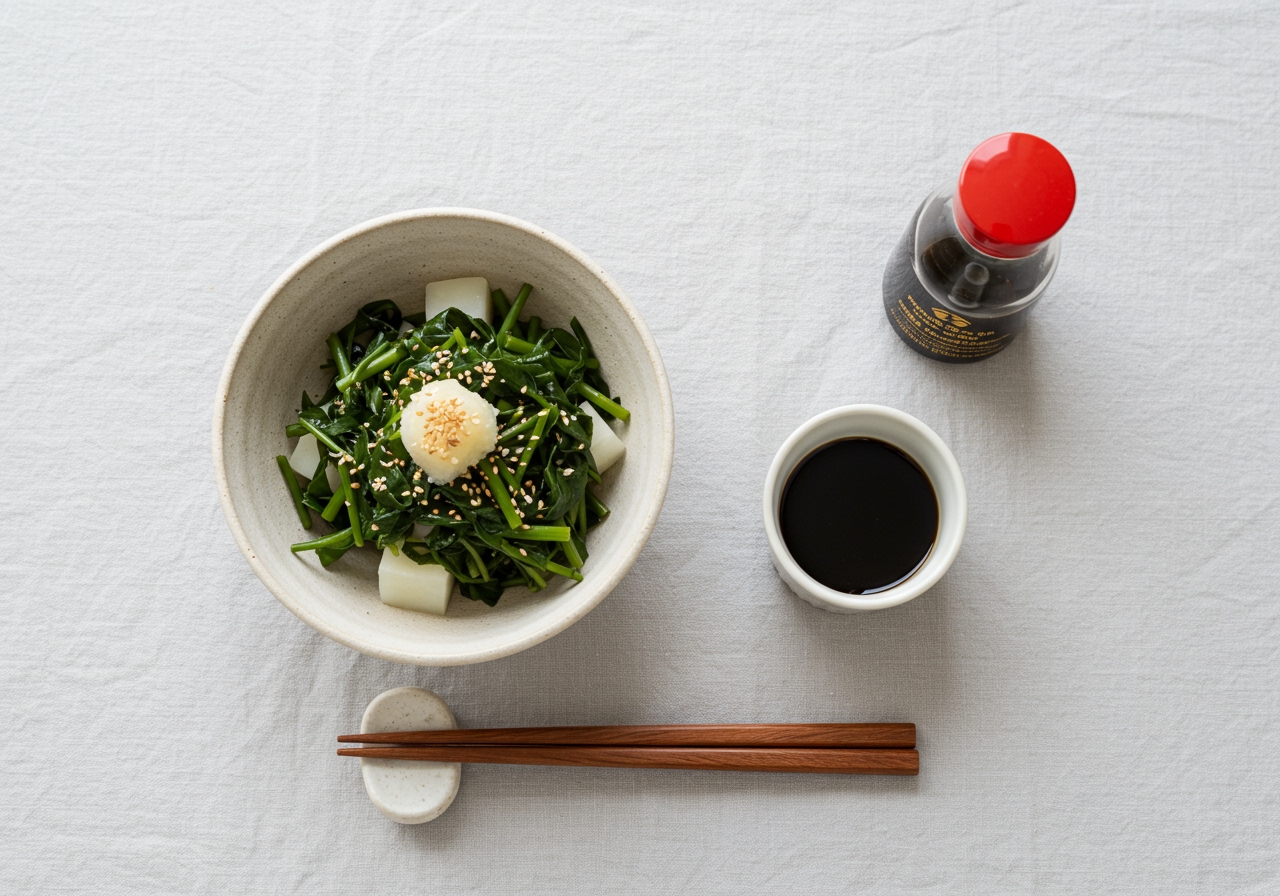 Overhead shot of a minimalist table setting with a bowl of myoga and ohba hiyayakko, chopsticks, and a small bottle of soy sauce, evoking a sense of simple, healthy eating in summer.