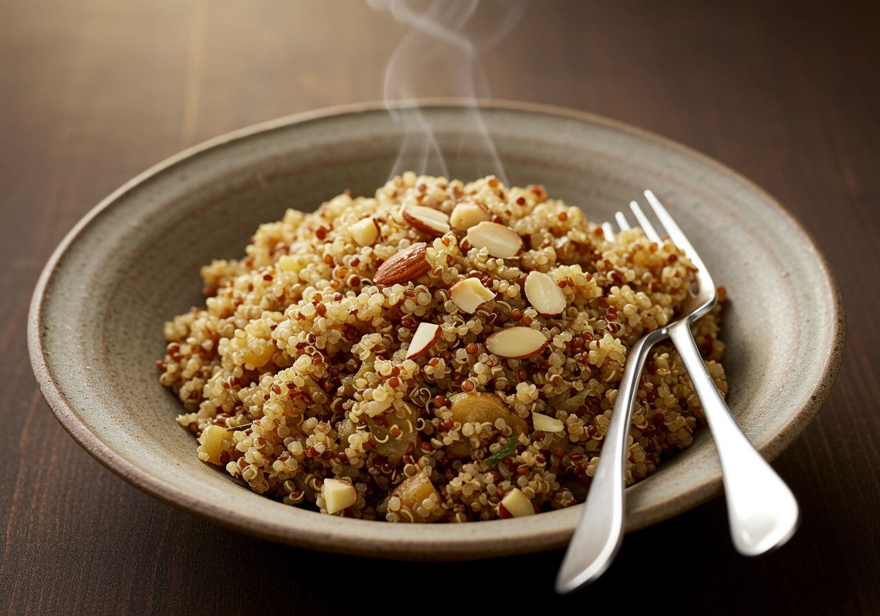 Overhead shot of a serving of Quinoa and Almond Pilaf with a fork, showing texture