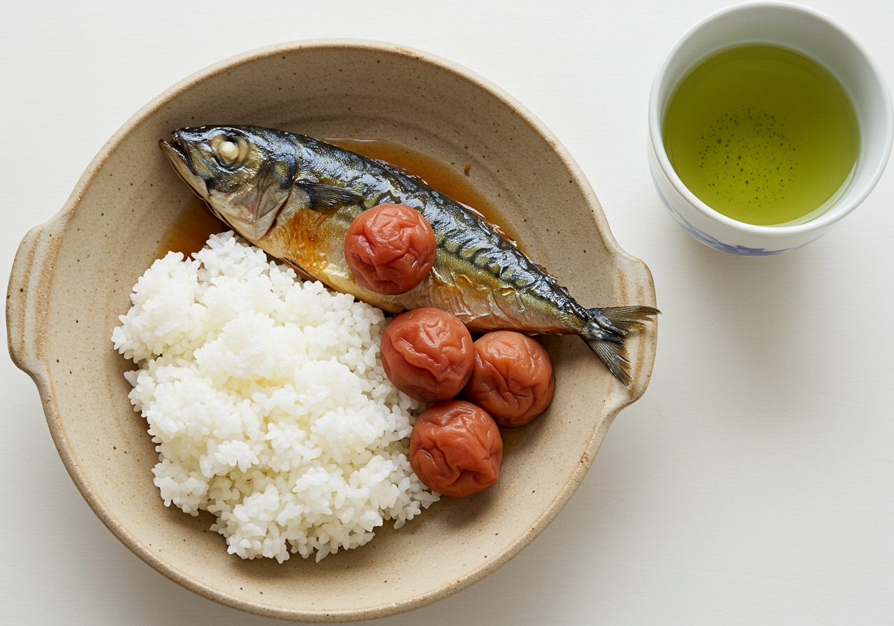 Overhead shot of a serving of イワシの梅煮 with steamed rice and a cup of green tea, emphasizing a healthy meal.