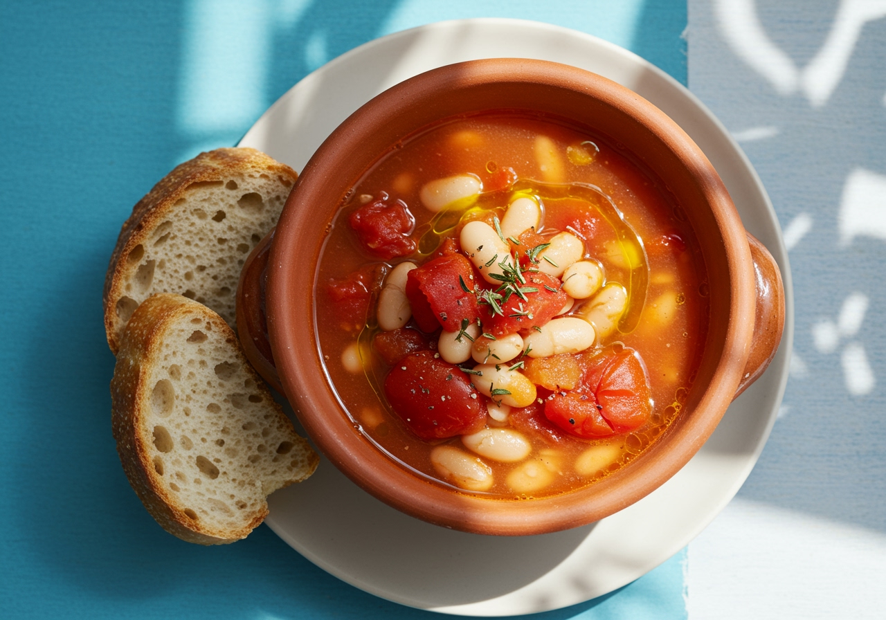Overhead shot of a single serving bowl of Provence-style tomato and bean soup, with crusty bread on the side, against a bright, sunlit background.