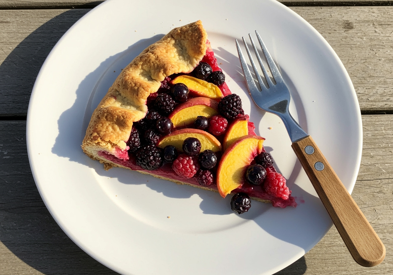 Overhead shot of a slice of rustic fruit galette on a plate, showing the flaky crust and juicy fruit filling. A fork is next to the plate.