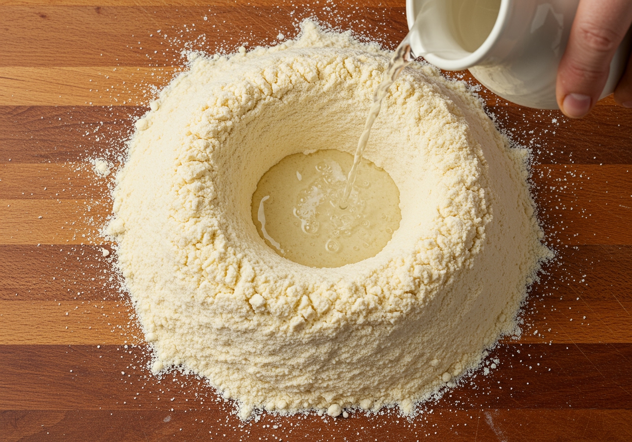 Overhead shot of a well made in a pile of semolina flour on a wooden board, with water being poured into the well.