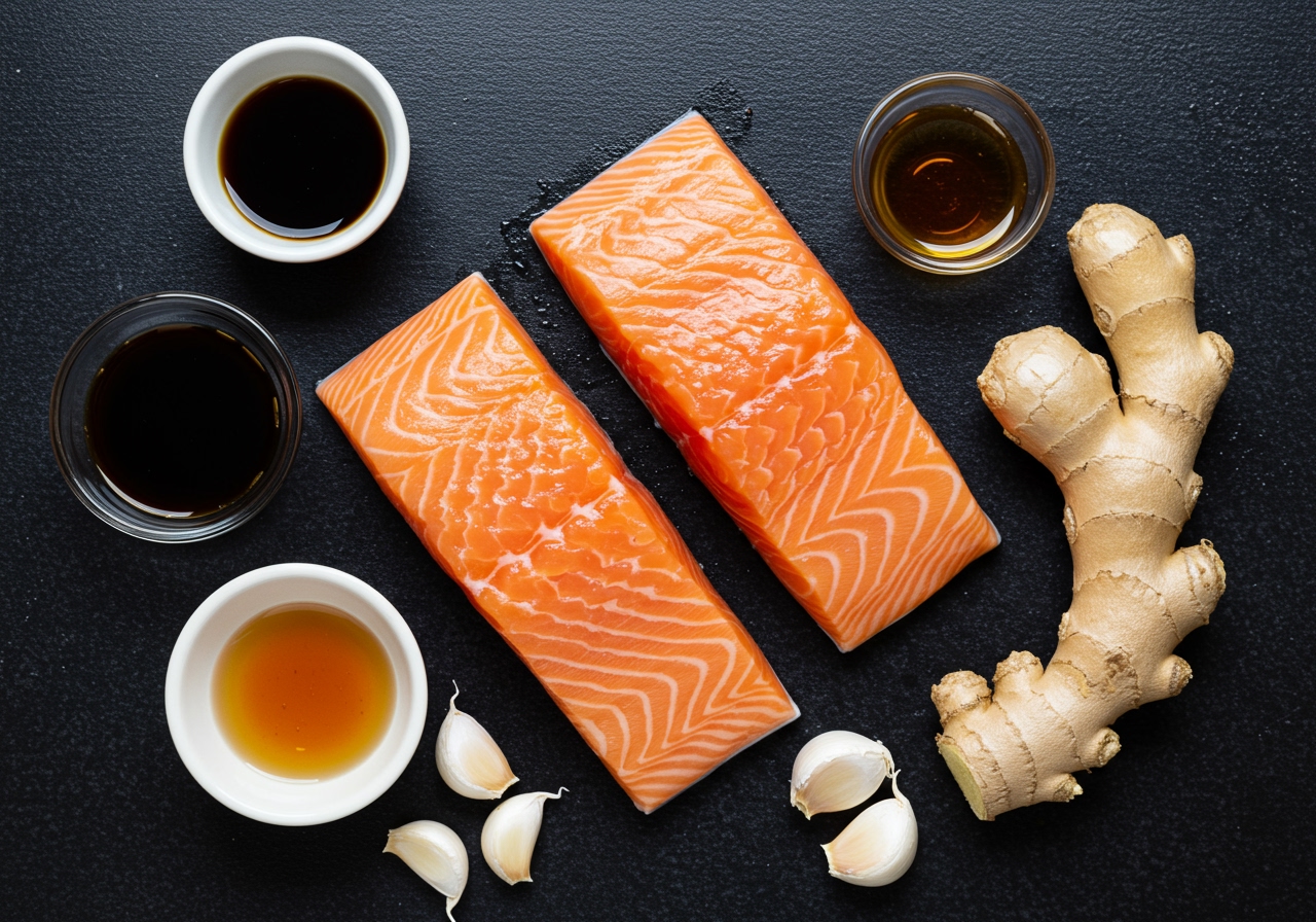 Overhead shot of fresh salmon fillets, soy sauce, mirin, sake, honey, ginger, and garlic arranged as ingredients for teriyaki sauce.