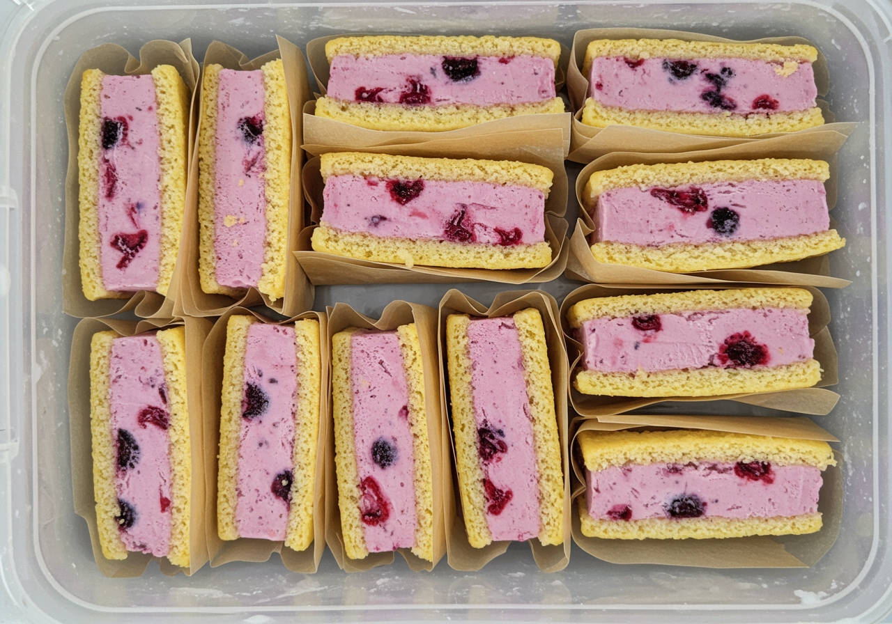 Overhead shot of individual healthy ice cream sandwich cake slices wrapped in parchment paper or stored in a clear container in a freezer.