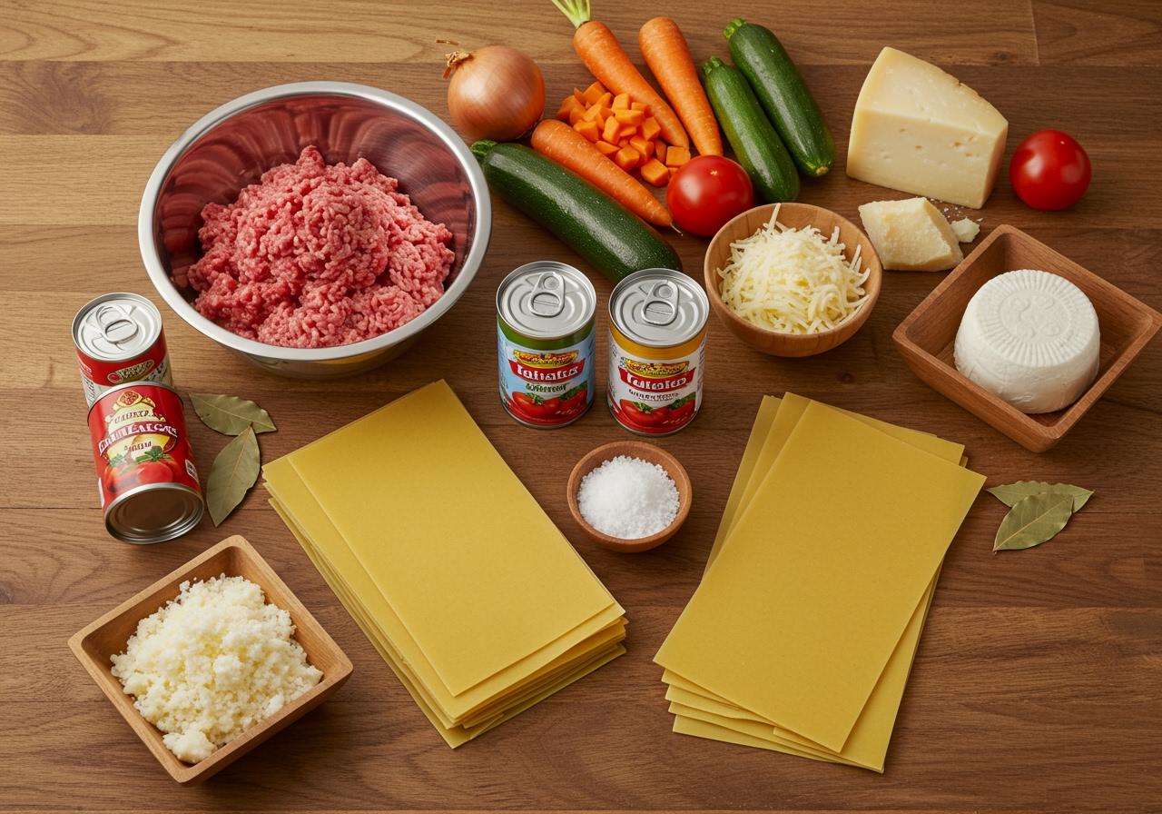 Overhead shot of ingredients for homemade lasagna, including minced meat, chopped vegetables, tomato cans, pasta sheets, and cheeses.