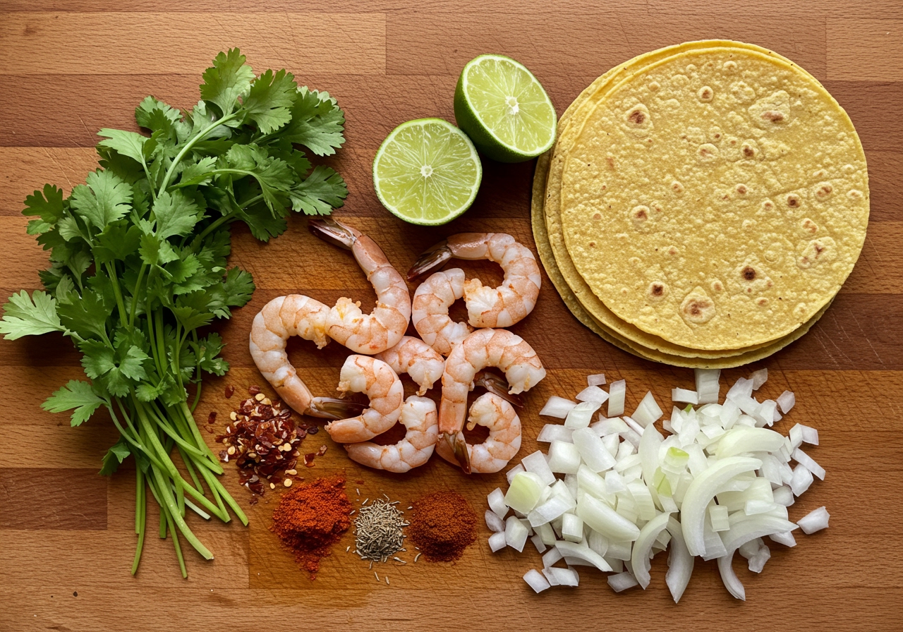 Overhead shot of ingredients for spicy shrimp tacos laid out on a wooden table, including raw shrimp, spices, lime, cilantro, onions, and corn tortillas.