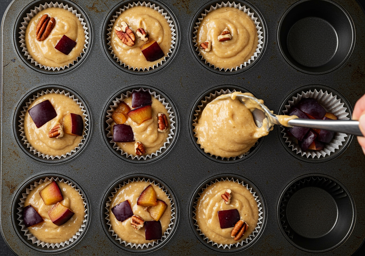 Overhead shot of muffin batter being scooped into muffin cups in a baking tin, with visible chunks of plum and pecan.