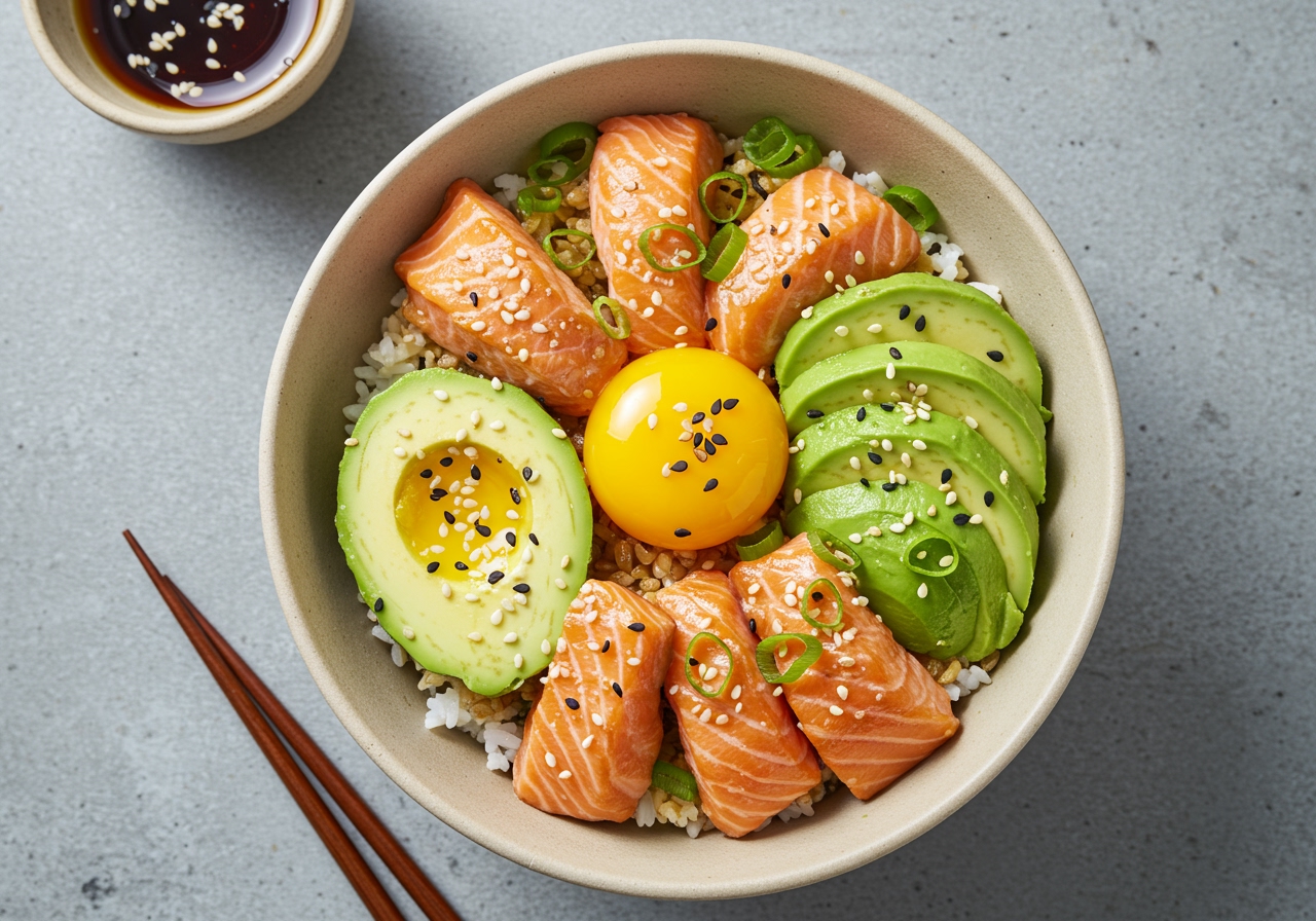 Overhead shot of the completed salmon and avocado rice bowl, showing the vibrant colors of salmon, avocado, and toppings like egg yolk and sesame seeds on a bed of rice.