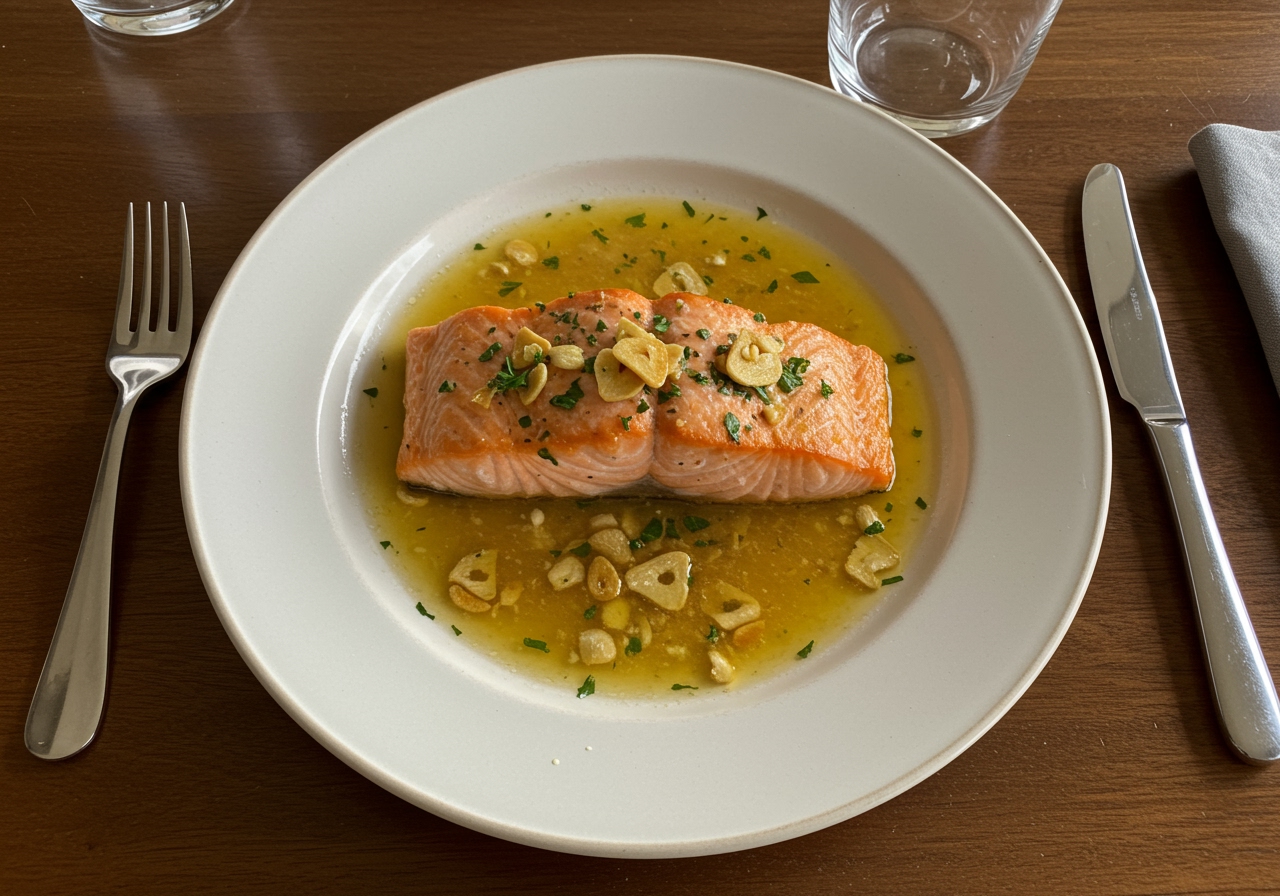 Overhead shot of the finished salmon butter garlic saute dish on a dinner table, showing the flaky salmon and the sauce.