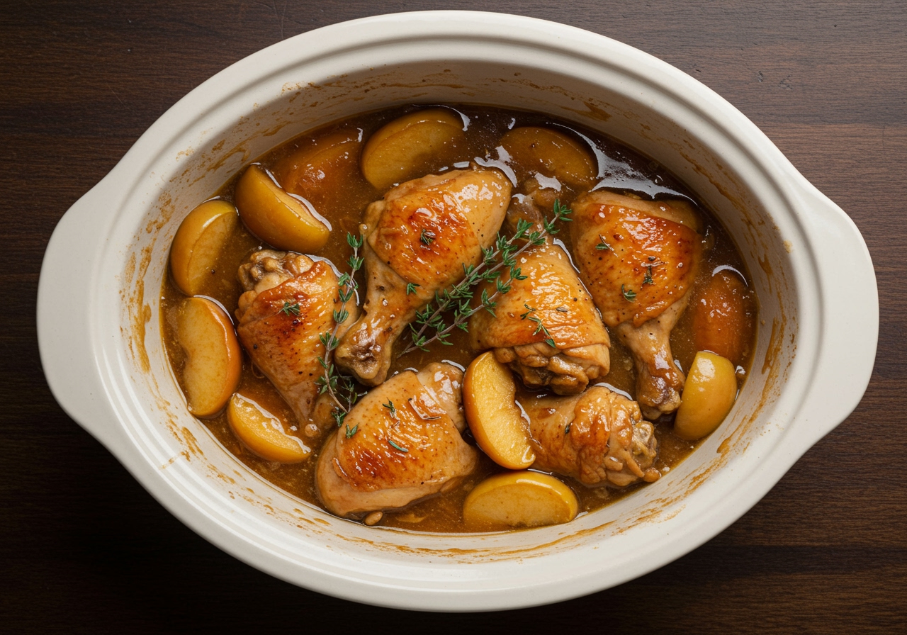 Overhead shot of the finished slow cooker apple and honey chicken stew in the slow cooker pot, ready to be served.